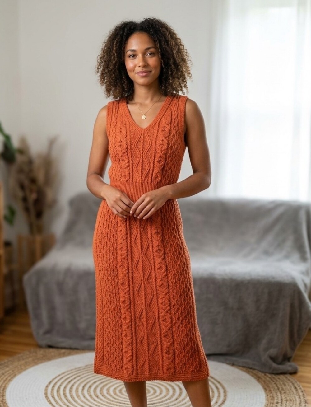 Aran 100% Merino Wool Sleeveless Cable-Knit Midi Dress Quiet Luxury Fall Fashion